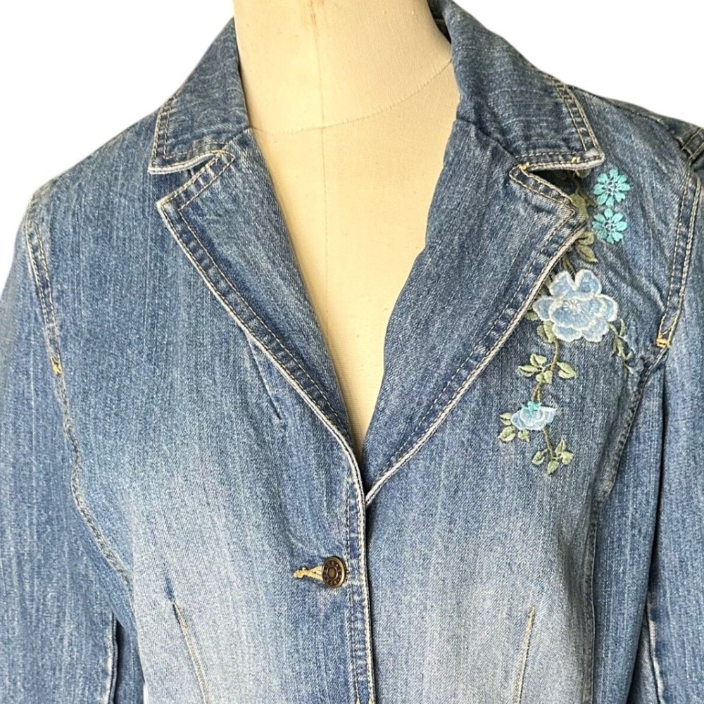 Crazy Horse Liz Claiborne Denim Jacket‎ Embroidered Blue Floral Womens M Stretch